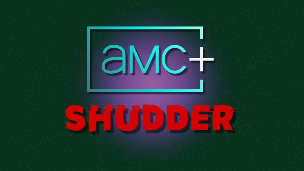 Aqua and white amc+ logo with red SHUDDER logo on green background