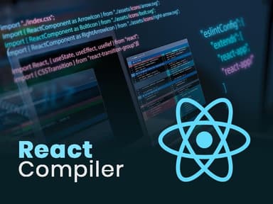 react logo over background of code, foreground says "react compiler"